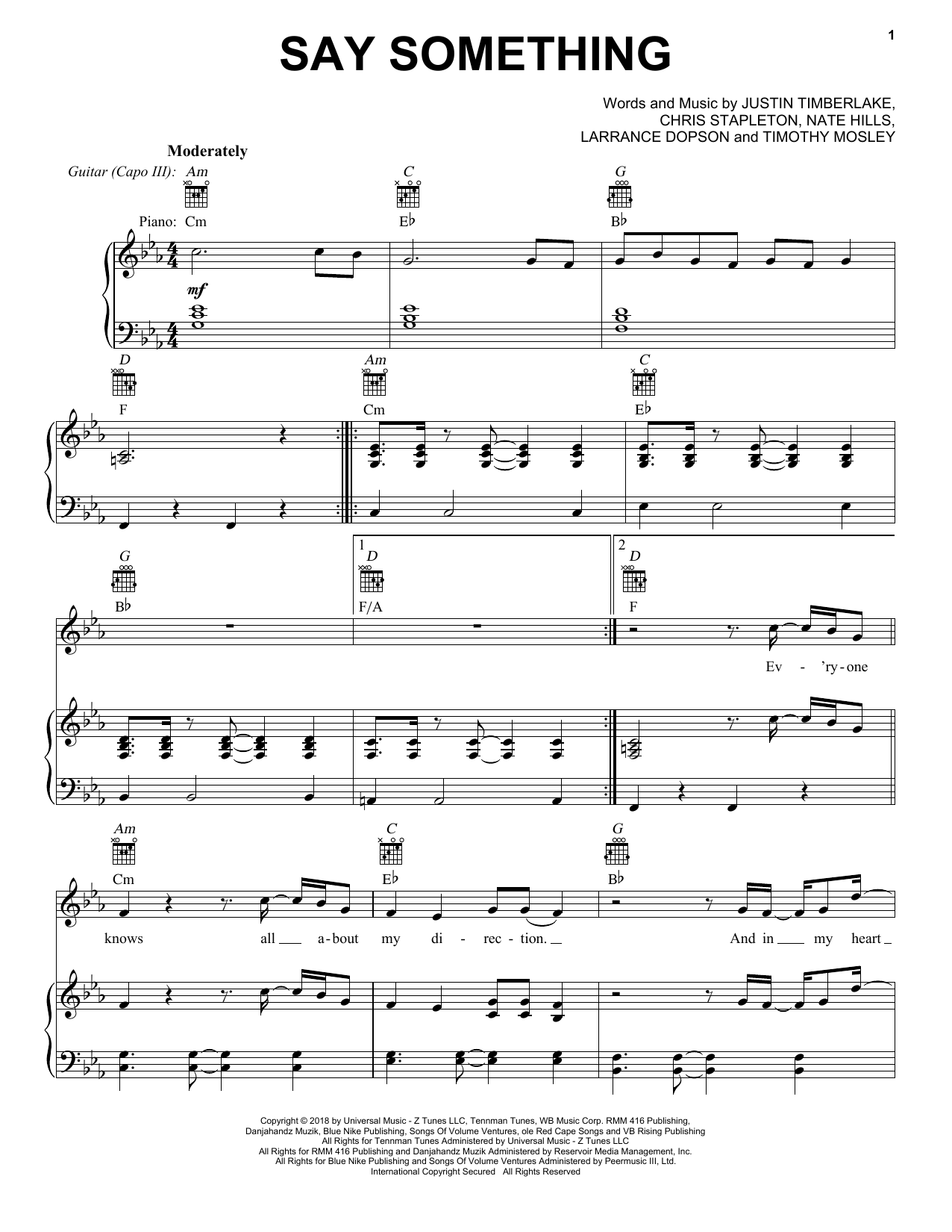 Justin Timberlake Say Something (feat. Chris Stapleton) sheet music notes and chords. Download Printable PDF.