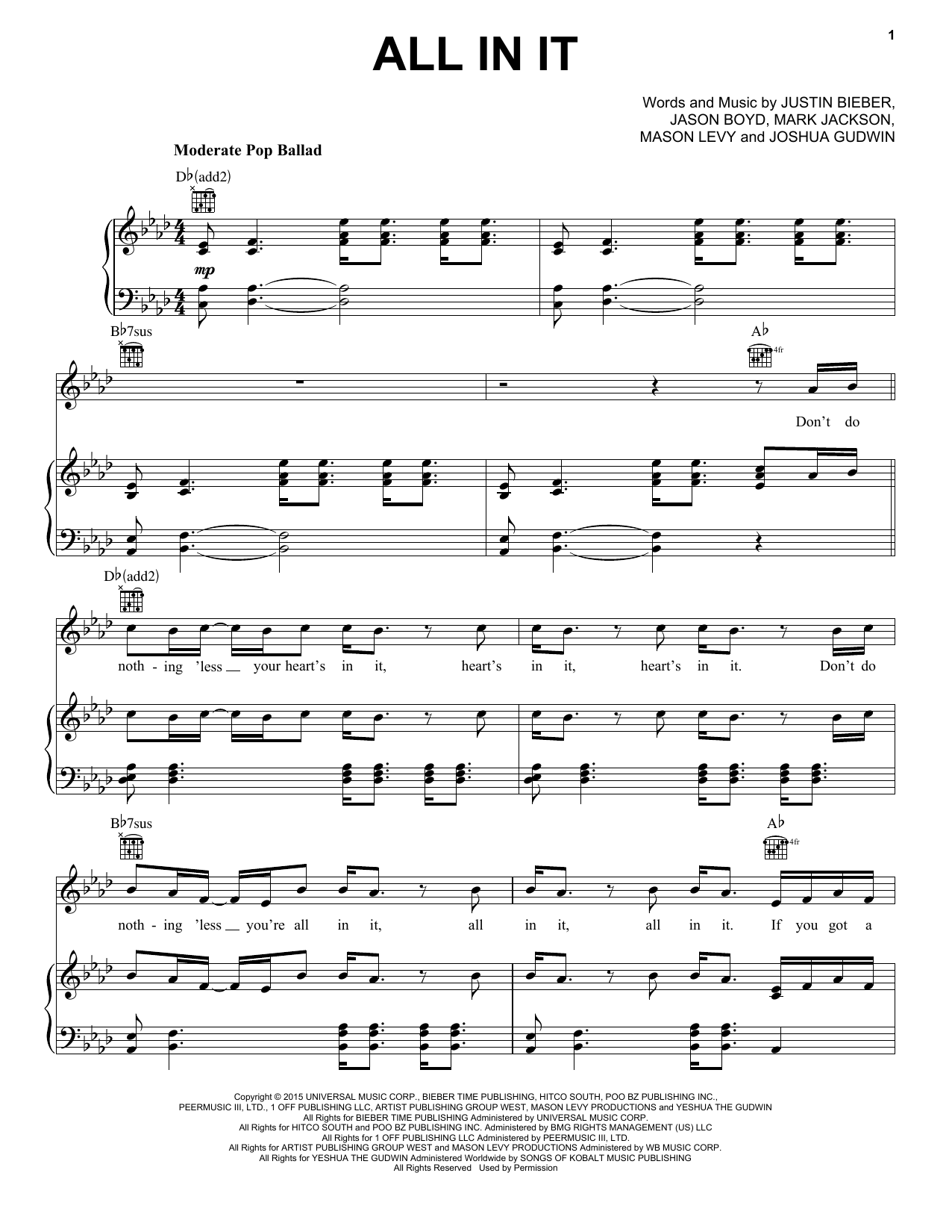 Justin Bieber All In It sheet music notes and chords. Download Printable PDF.