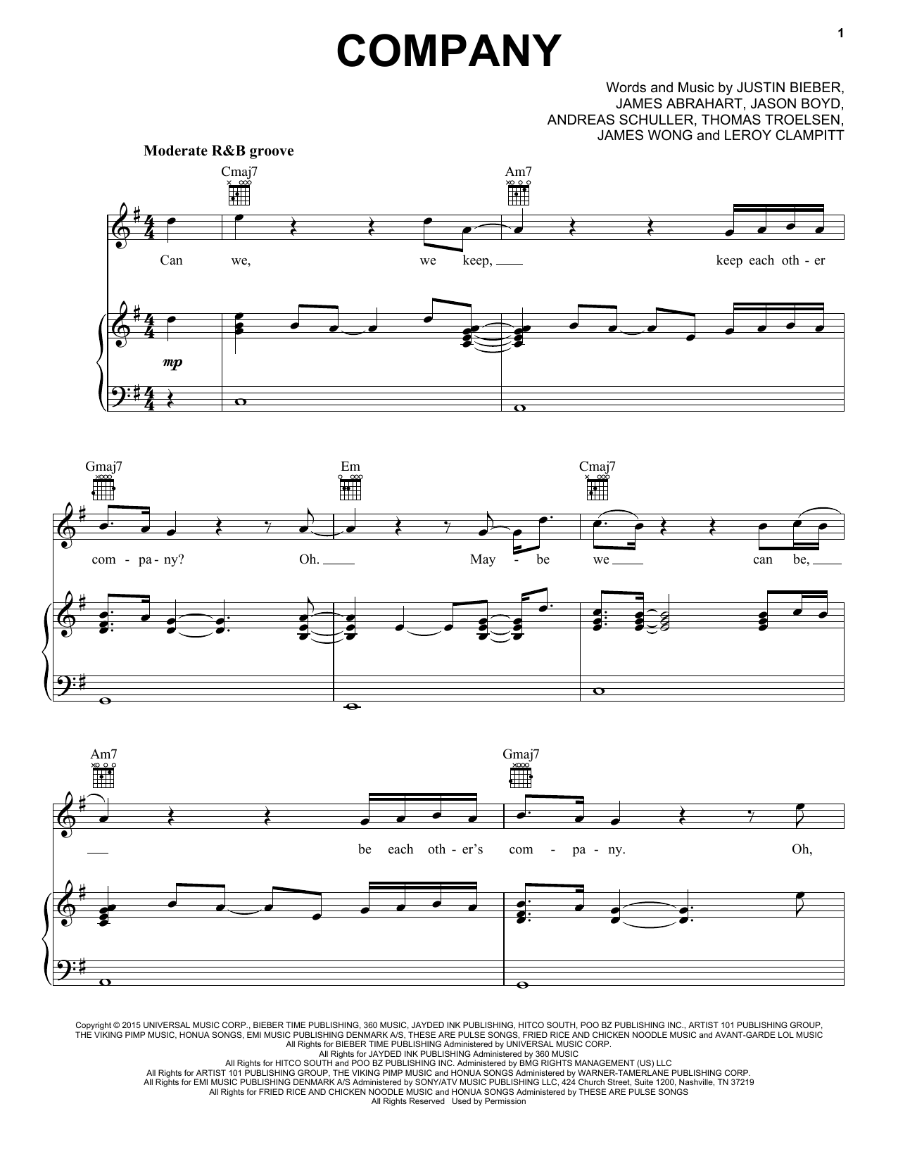 Justin Bieber Company sheet music notes and chords. Download Printable PDF.