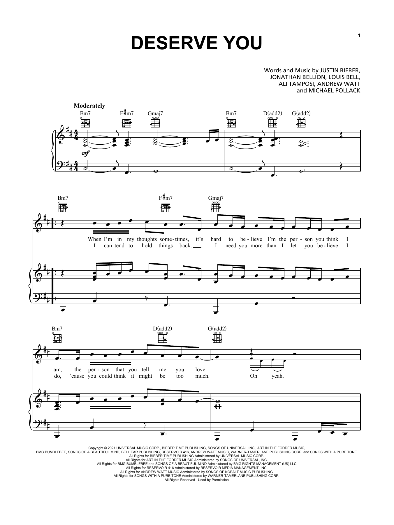 Justin Bieber Deserve You sheet music notes and chords. Download Printable PDF.