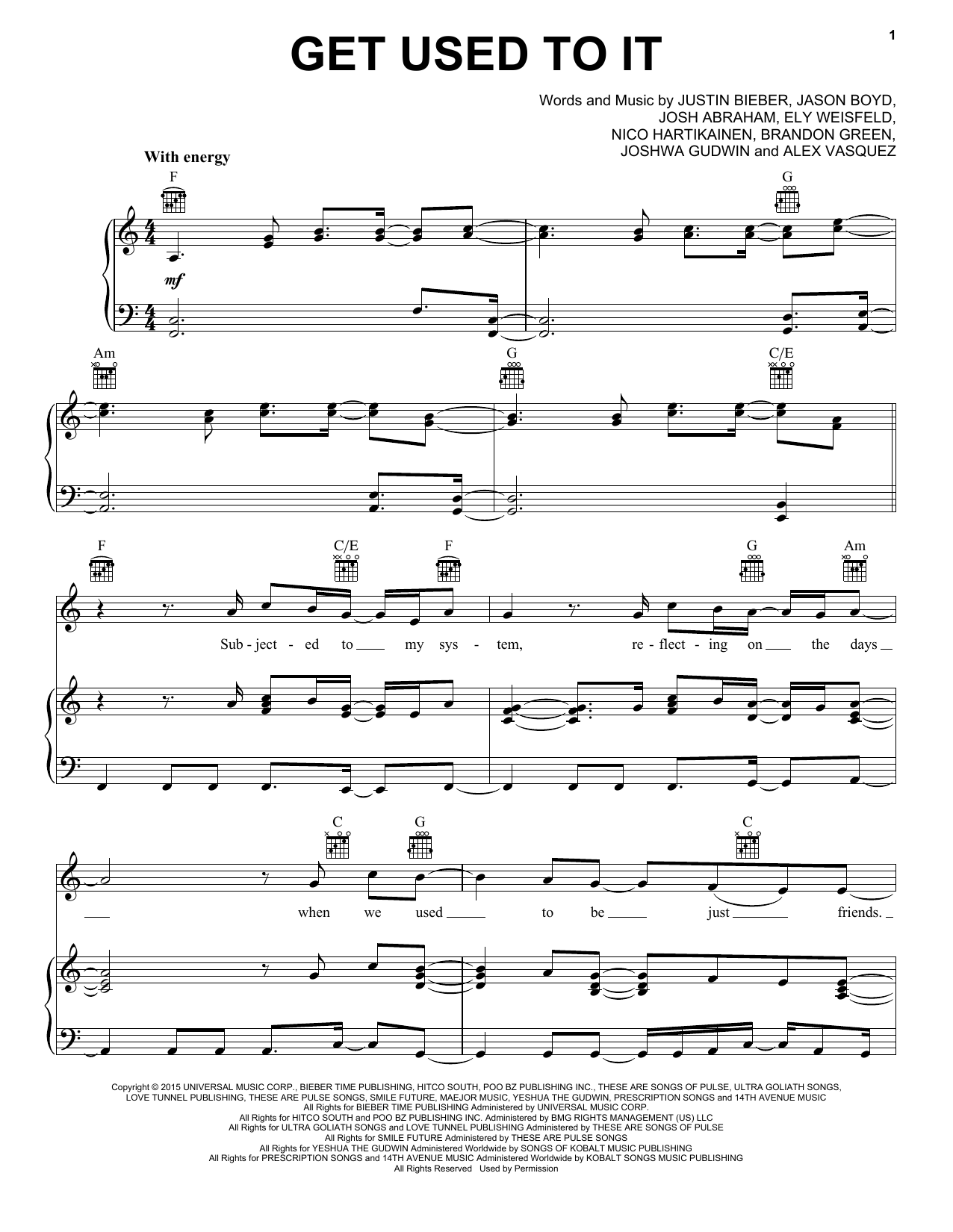 Learn to play Justin Bieber Get Used To It sheet music for Piano, Vocal & Guitar (Right-Hand Melody) in minutes. Justin Bieber Get Used To It sheet music notes and chords. Download Printable PDF.