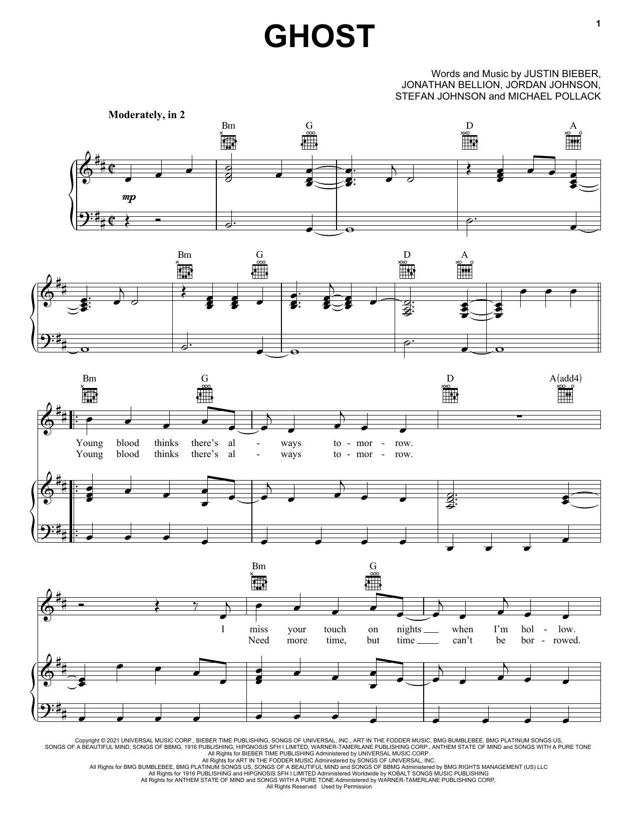 Justin Bieber Ghost sheet music notes and chords. Download Printable PDF.