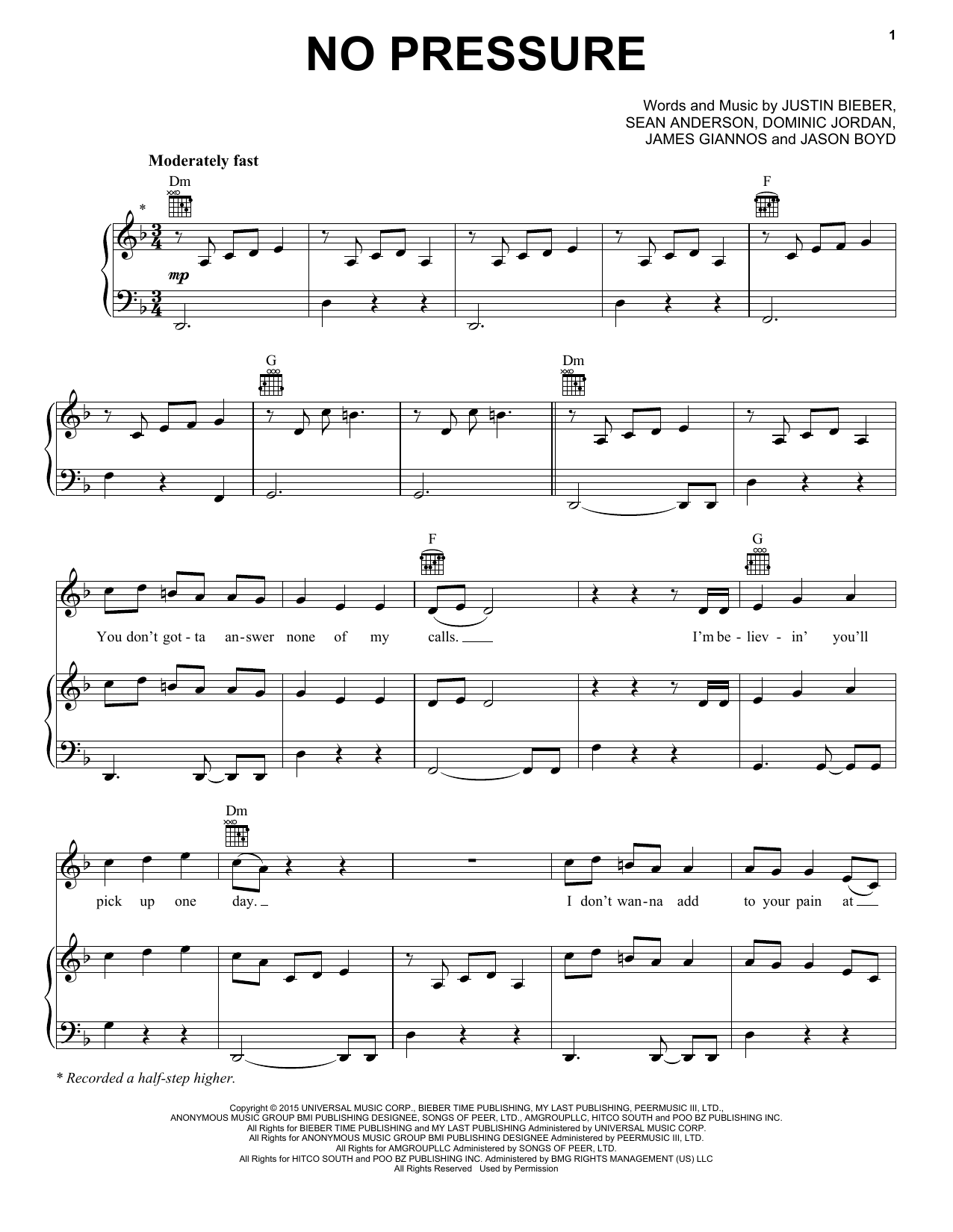 Justin Bieber No Pressure sheet music notes and chords. Download Printable PDF.