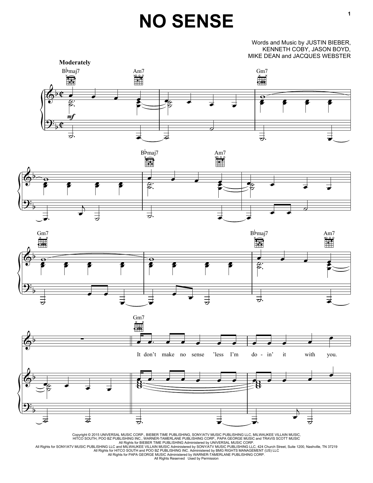 Justin Bieber No Sense sheet music notes and chords. Download Printable PDF.