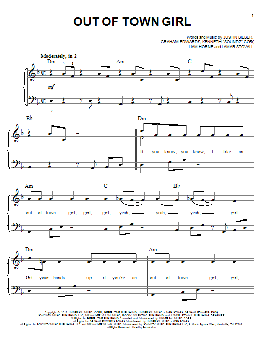 Learn to play Justin Bieber Out Of Town Girl sheet music for Easy Piano in minutes. Price: 6.9900$ Justin Bieber Out Of Town Girl sheet music notes and chords arranged for Easy Piano