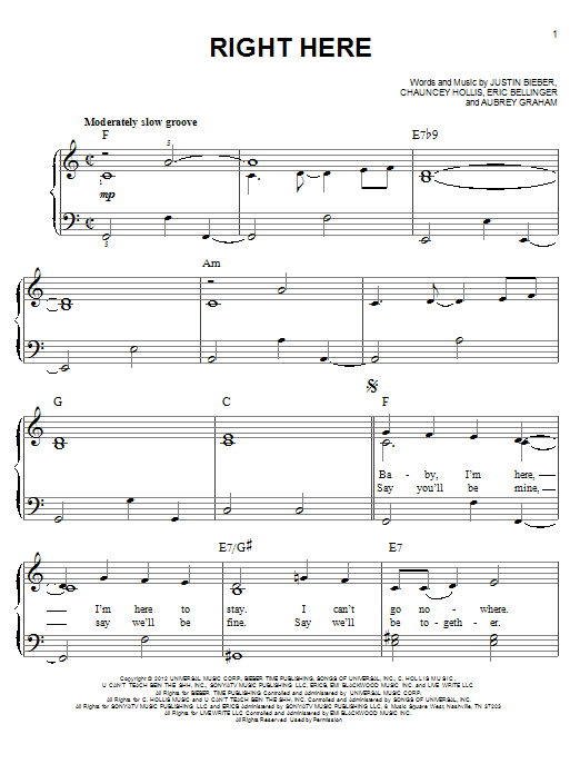 Justin Bieber Right Here sheet music notes and chords. Download Printable PDF.