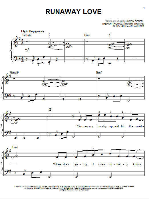 Justin Bieber Runaway Love sheet music notes and chords. Download Printable PDF.