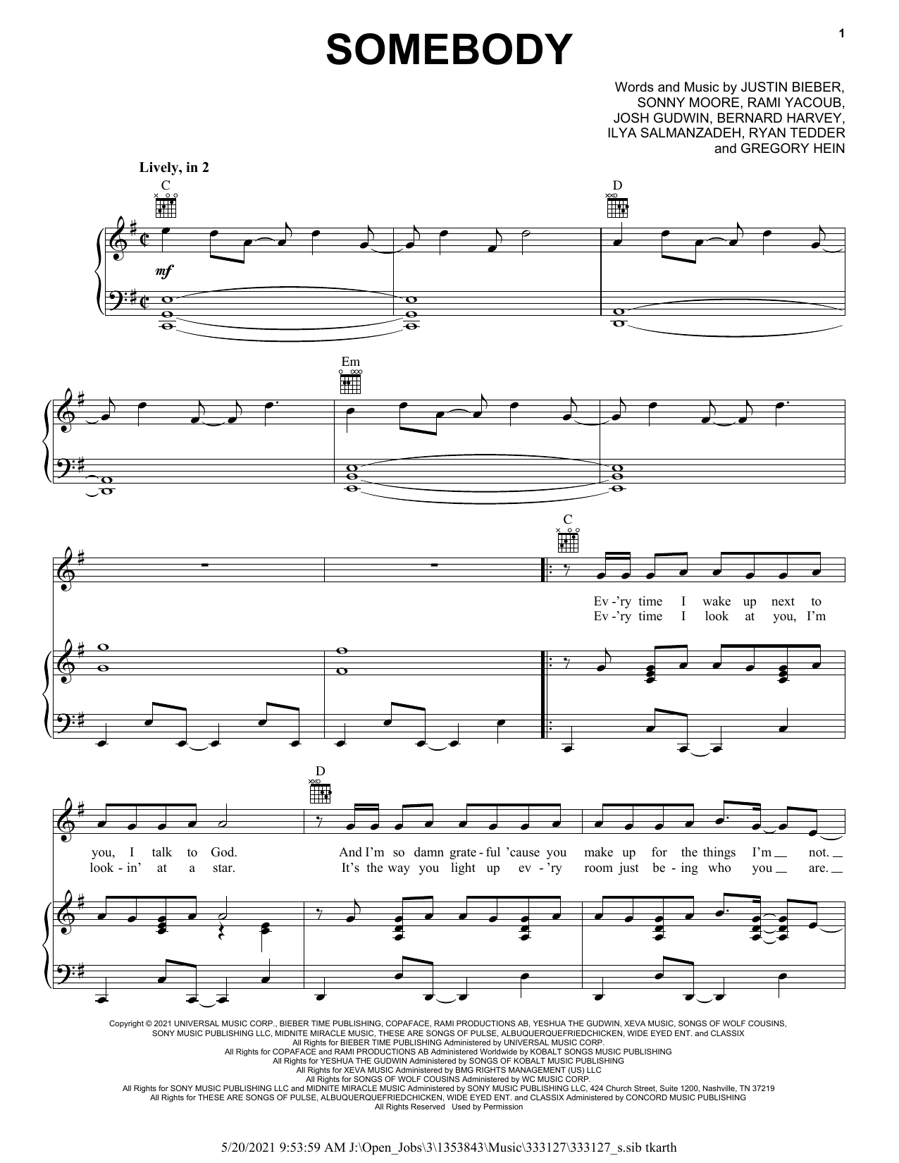 Justin Bieber Somebody sheet music notes and chords. Download Printable PDF.