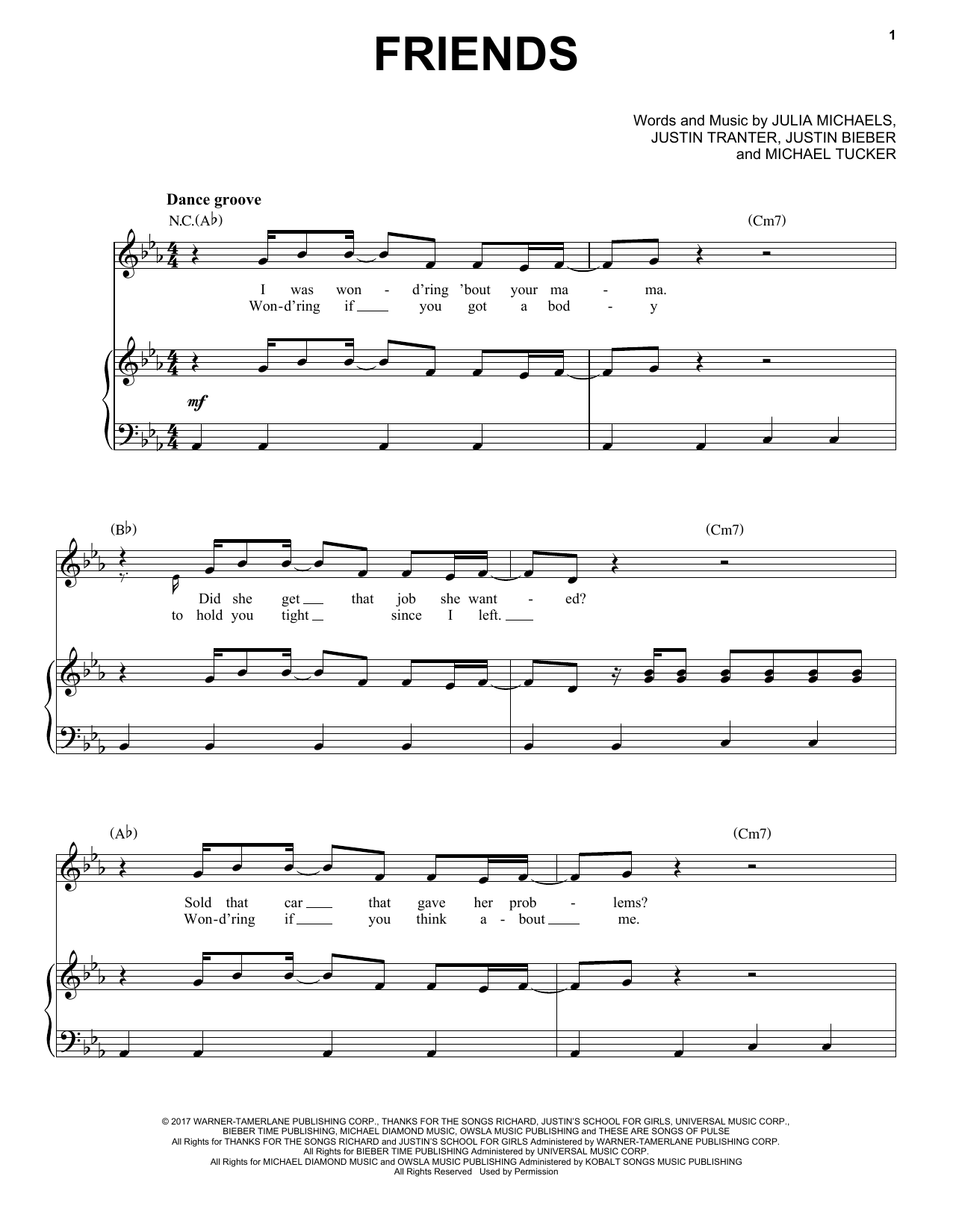 Justin Bieber Friends (feat. BloodPop) sheet music notes and chords. Download Printable PDF.