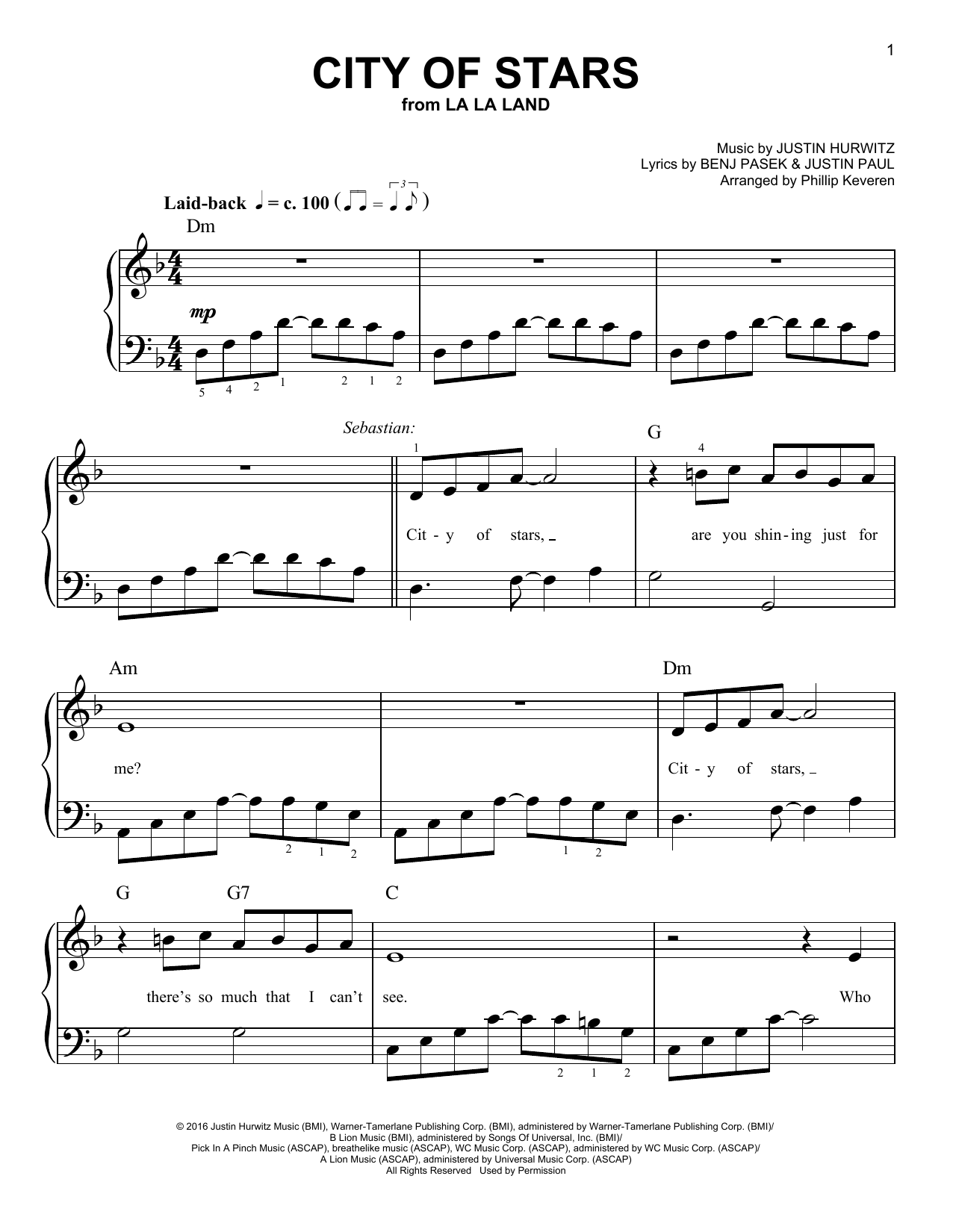 Justin Hurwitz "City Of Stars" Sheet Music for Easy Piano Download