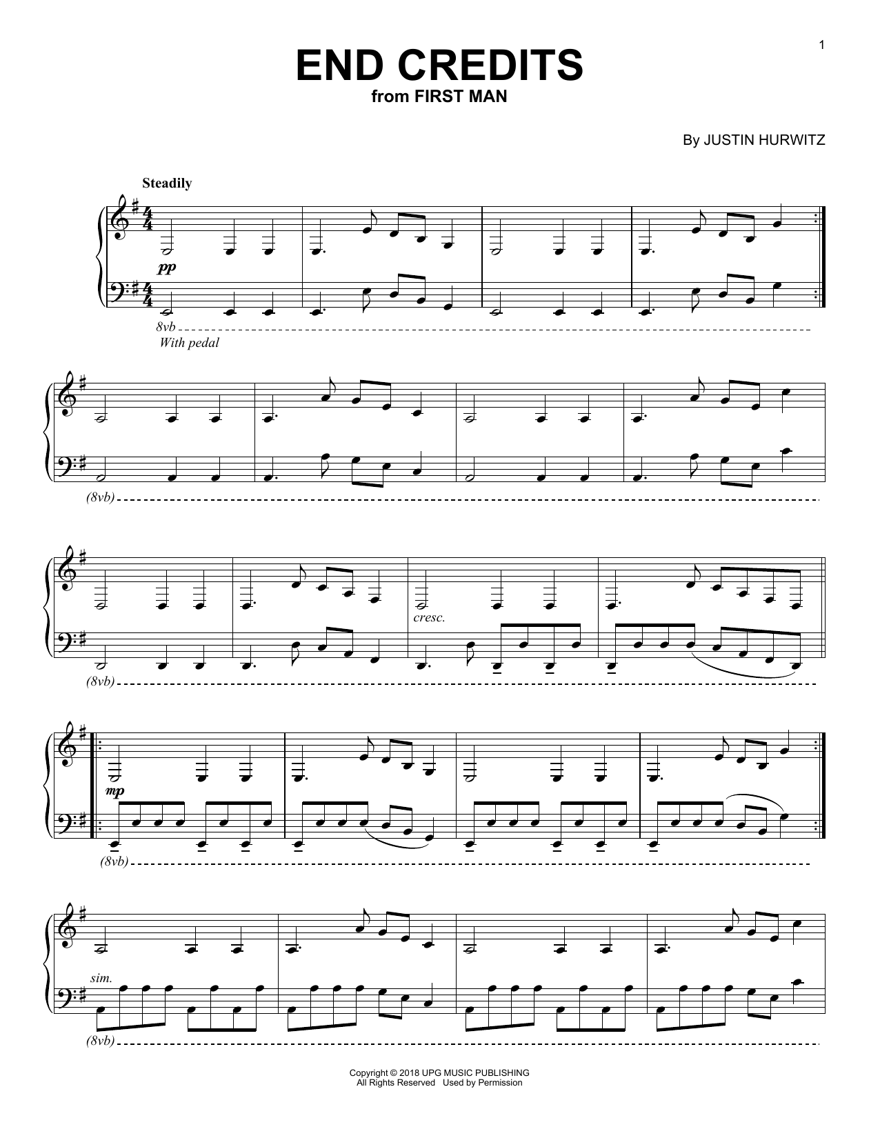 Learn to play Justin Hurwitz End Credits (from First Man) sheet music for Piano Solo in minutes. Justin Hurwitz End Credits (from First Man) sheet music notes and chords