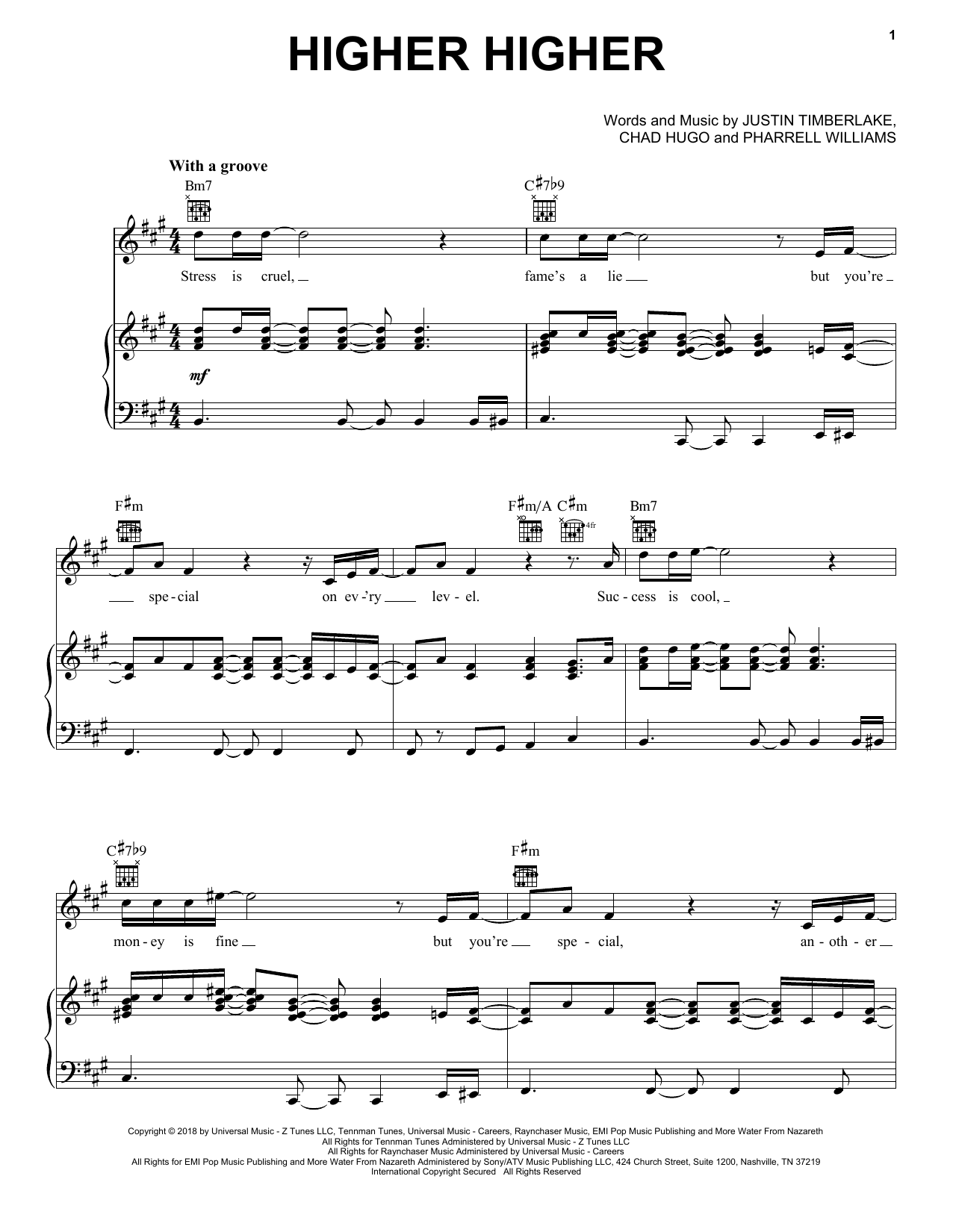 Justin Timberlake Higher Higher sheet music notes and chords. Download Printable PDF.