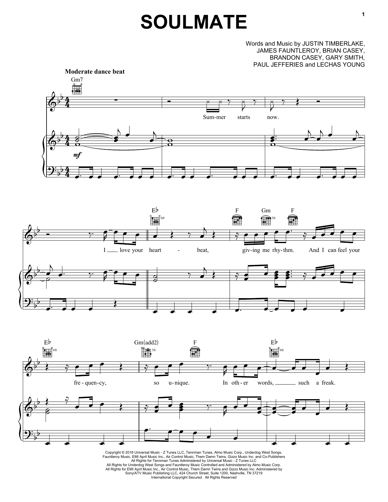 Justin Timberlake SoulMate sheet music notes and chords. Download Printable PDF.