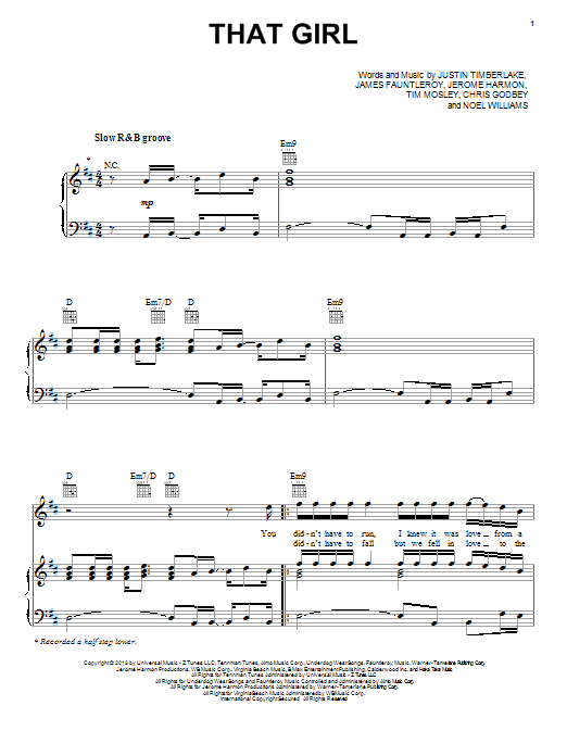 Justin Timberlake That Girl sheet music notes and chords. Download Printable PDF.