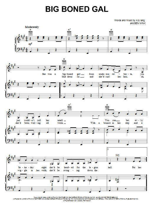 k.d. lang Big Boned Gal sheet music notes and chords. Download Printable PDF.