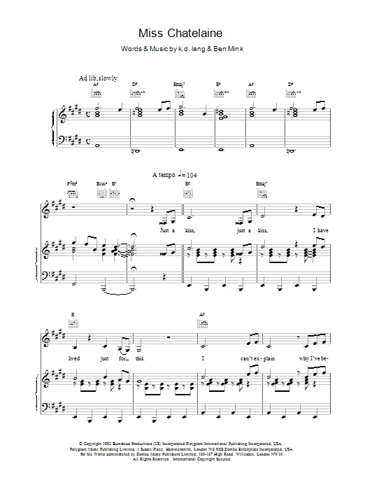 Learn to play k.d. lang Miss Chatelaine sheet music for Piano, Vocal & Guitar (Right-Hand Melody) in minutes. k.d. lang Miss Chatelaine sheet music notes and chords