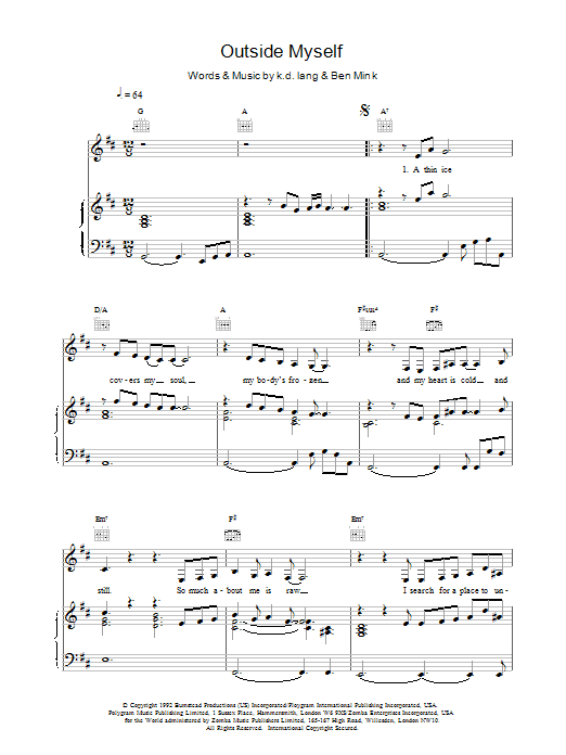 Learn to play k.d. lang Outside Myself sheet music for Piano, Vocal & Guitar (Right-Hand Melody) in minutes. k.d. lang Outside Myself sheet music notes and chords