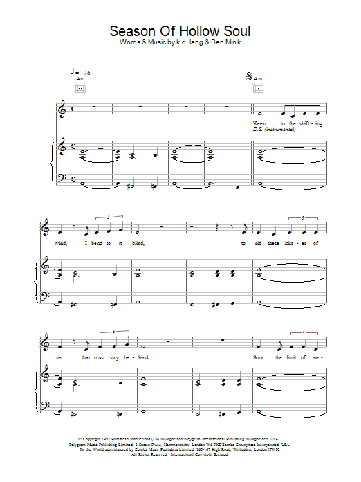 Learn to play k.d. lang Season of Hollow Soul sheet music for Piano, Vocal & Guitar (Right-Hand Melody) in minutes. k.d. lang Season of Hollow Soul sheet music notes and chords