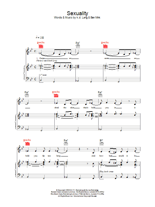 k.d. lang Sexuality sheet music notes and chords. Download Printable PDF.