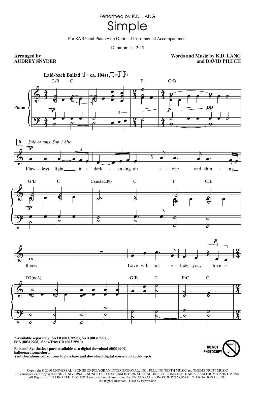 Learn to play k.d. lang Simple (arr. Audrey Snyder) sheet music for SSA Choir in minutes. Price: 3.9900$ k.d. lang Simple (arr. Audrey Snyder) sheet music notes and chords arranged for SSA Choir