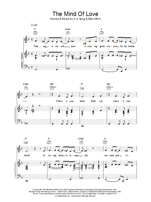 Learn to play k.d. lang The Mind of Love sheet music for Piano, Vocal & Guitar (Right-Hand Melody) in minutes. k.d. lang The Mind of Love sheet music notes and chords