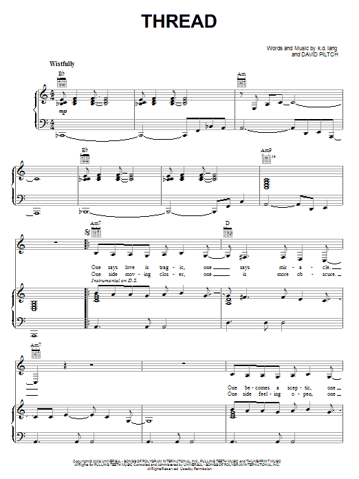 k.d. lang Thread sheet music notes and chords. Download Printable PDF.