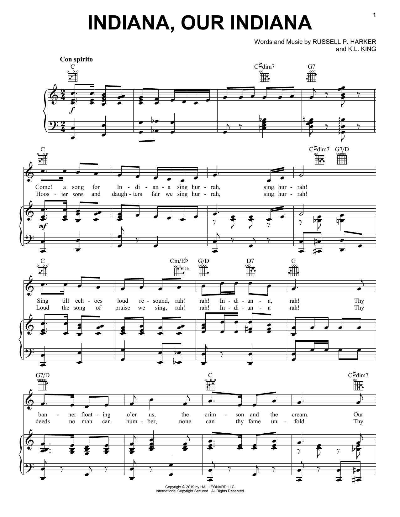 K.L. King Indiana, Our Indiana sheet music notes and chords. Download Printable PDF.