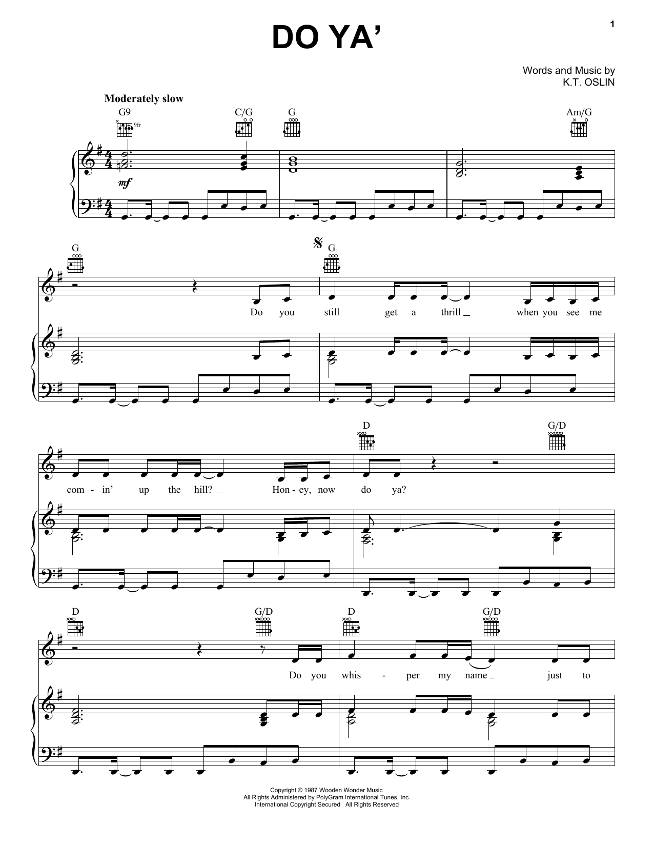 K.T. Oslin Do Ya' sheet music notes and chords. Download Printable PDF.