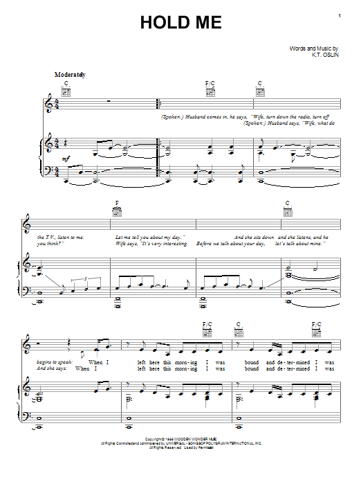 K.T. Oslin Hold Me sheet music notes and chords. Download Printable PDF.