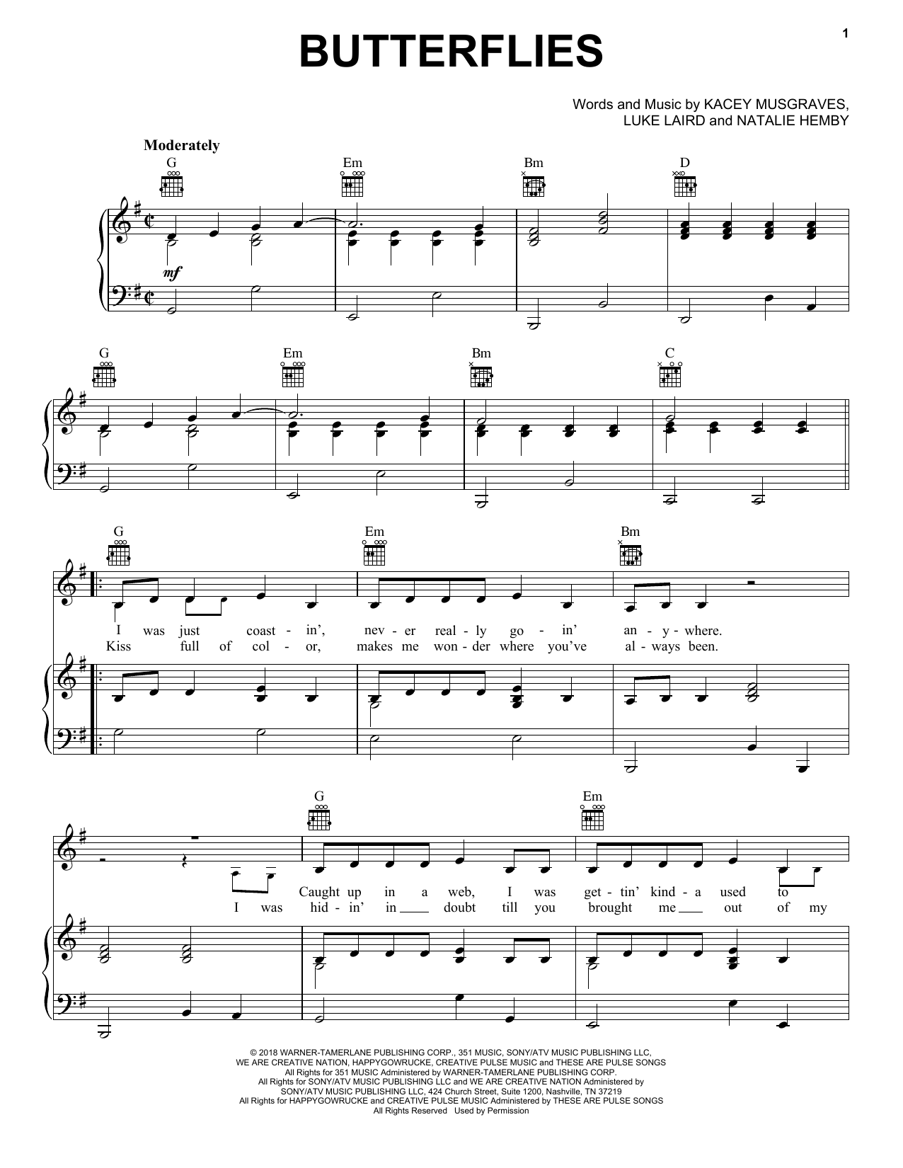 Learn to play Kacey Musgraves Butterflies sheet music for Piano, Vocal & Guitar (Right-Hand Melody) in minutes. Kacey Musgraves Butterflies sheet music notes and chords. Download Printable PDF.