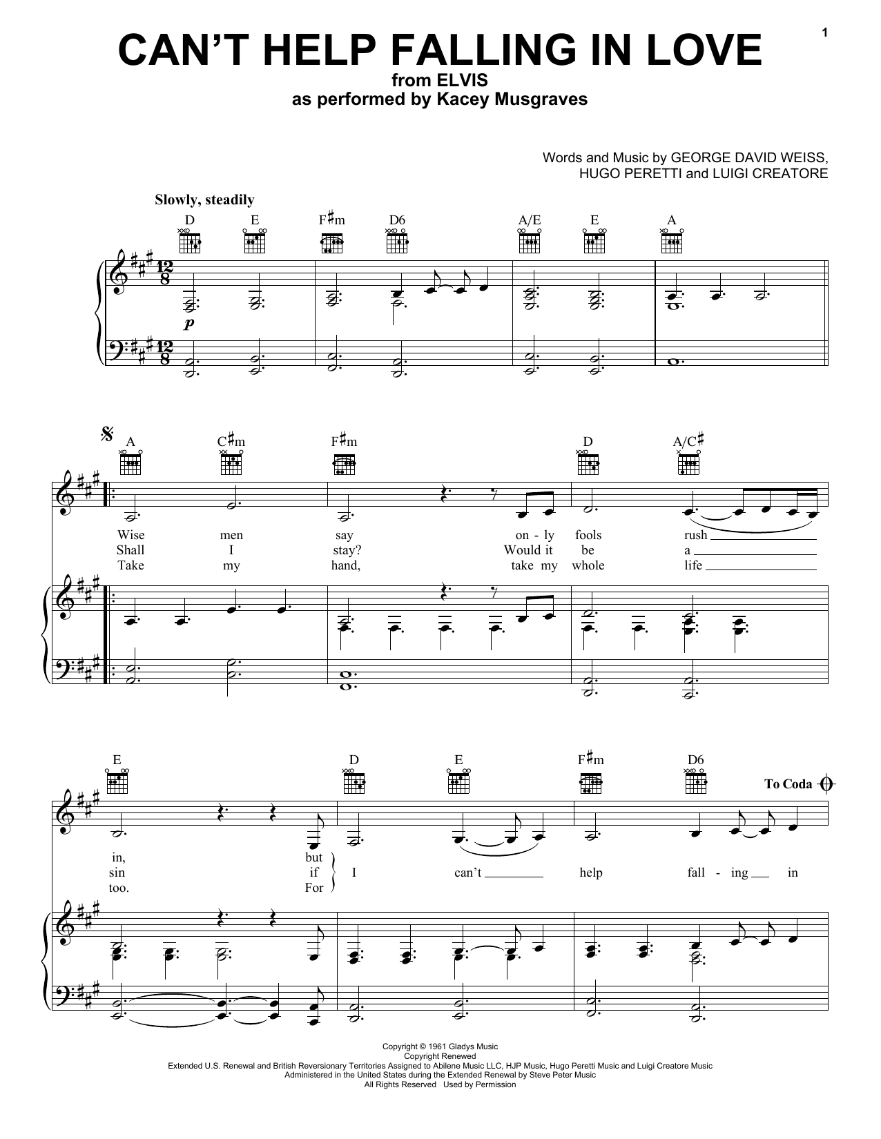 Kacey Musgraves Can't Help Falling In Love (from ELVIS) sheet music notes and chords. Download Printable PDF.