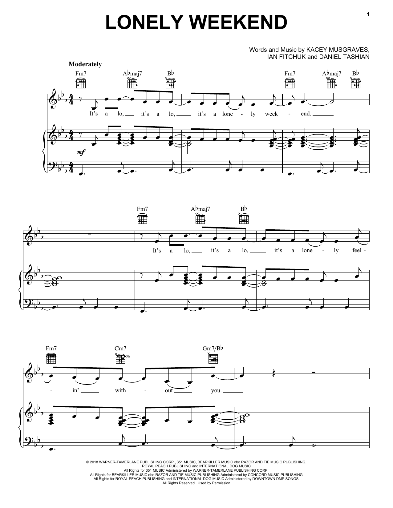 Kacey Musgraves Lonely Weekend sheet music notes and chords. Download Printable PDF.