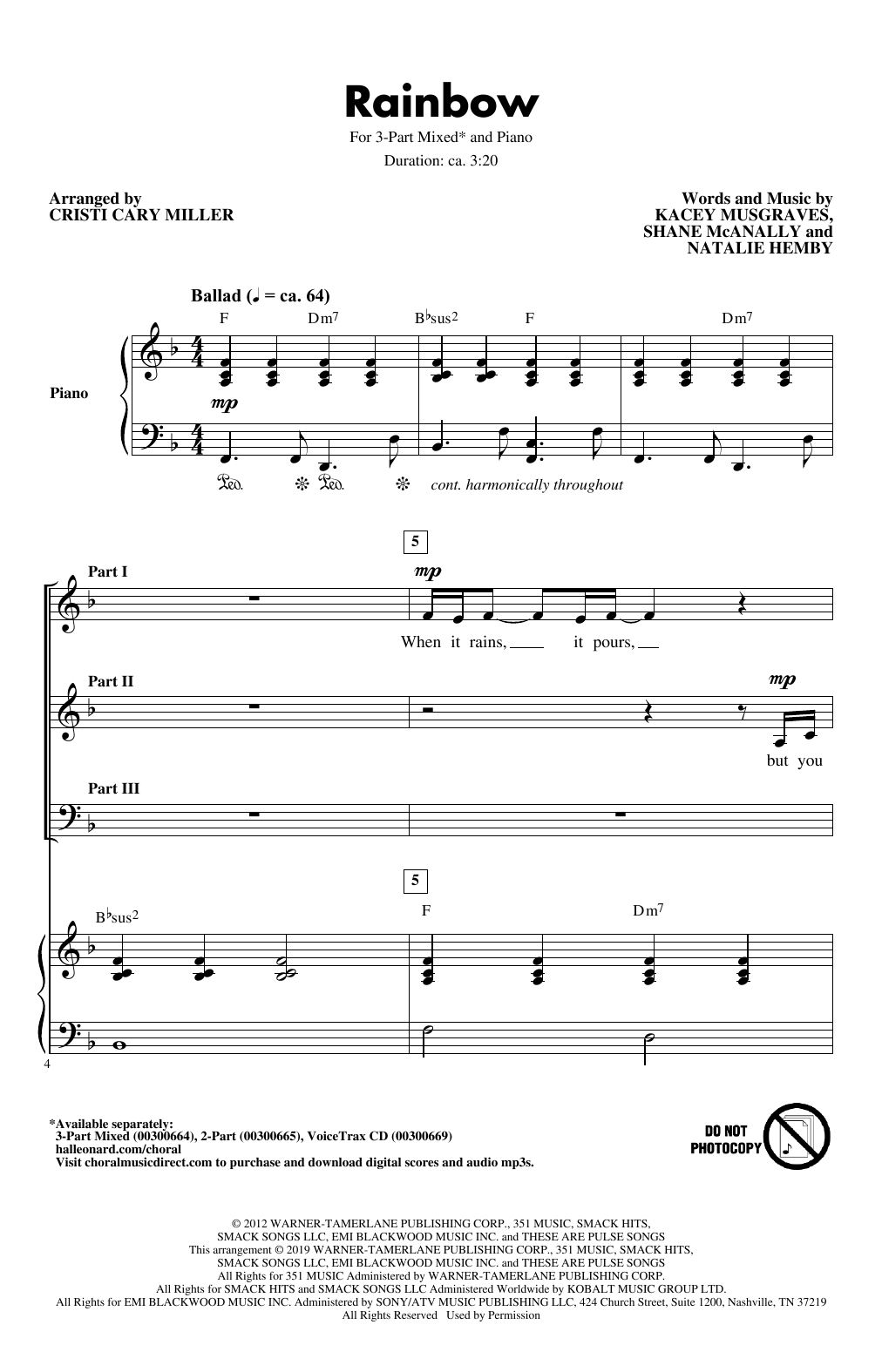Learn to play Kacey Musgraves Rainbow (arr. Cristi Cary Miller) sheet music for 3-Part Mixed Choir in minutes. Price: 3.9900$ Kacey Musgraves Rainbow (arr. Cristi Cary Miller) sheet music notes and chords arranged for 3-Part Mixed Choir