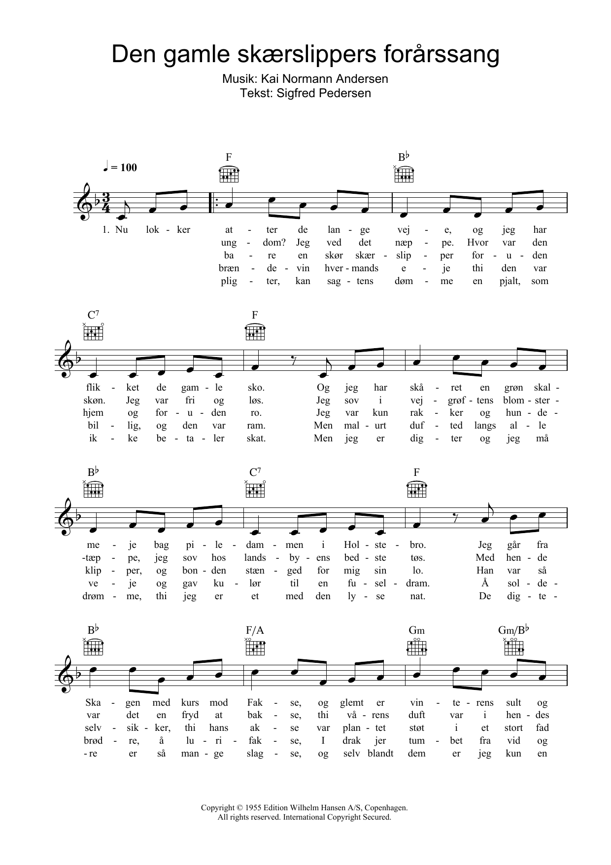Learn to play Kai Normann Andersen Den Gamle Skaerslippers Fararssang sheet music for Lead Sheet / Fake Book in minutes. Price: 5.9900$ Kai Normann Andersen Den Gamle Skaerslippers Fararssang sheet music notes and chords arranged for Lead Sheet / Fake Book