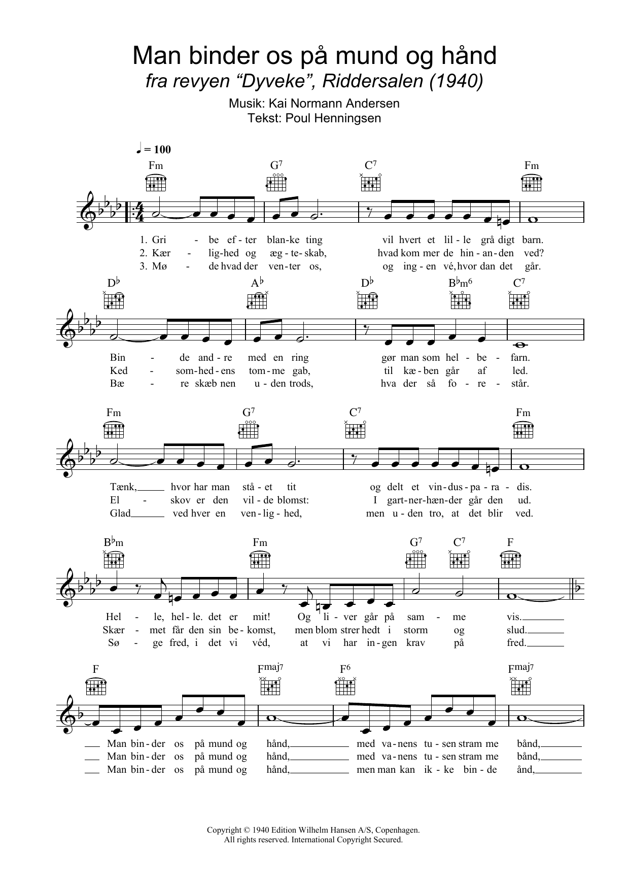 Learn to play Kai Normann Andersen Man Binder Os På Mund Og Hånd sheet music for Lead Sheet / Fake Book in minutes. Price: 5.9900$ Kai Normann Andersen Man Binder Os På Mund Og Hånd sheet music notes and chords arranged for Lead Sheet / Fake Book