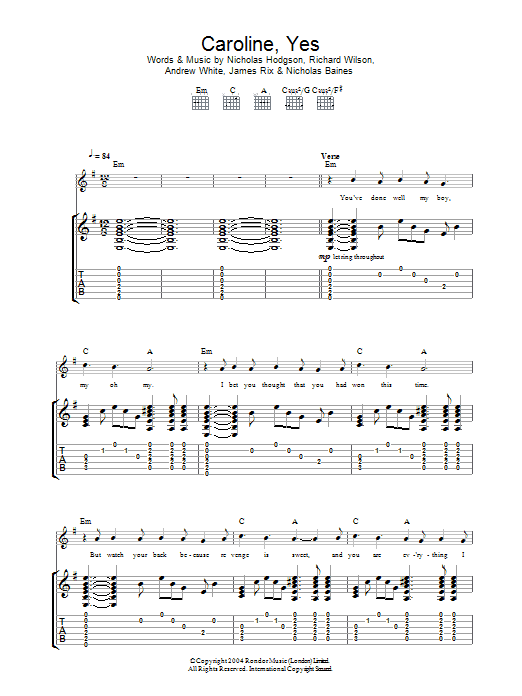 Kaiser Chiefs Caroline, Yes sheet music notes and chords. Download Printable PDF.