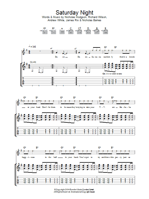 Learn to play Kaiser Chiefs Saturday Night sheet music for Guitar Tab in minutes. Kaiser Chiefs Saturday Night sheet music notes and chords. Download Printable PDF.