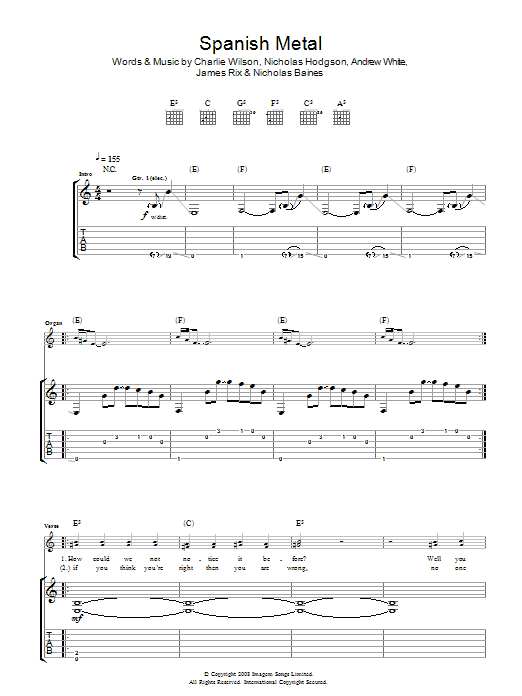 Learn to play Kaiser Chiefs Spanish Metal sheet music for Guitar Tab in minutes. Price: 7.8900$ Kaiser Chiefs Spanish Metal sheet music notes and chords arranged for Guitar Tab