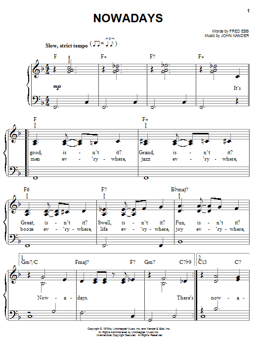 Kander & Ebb Nowadays sheet music notes and chords. Download Printable PDF.