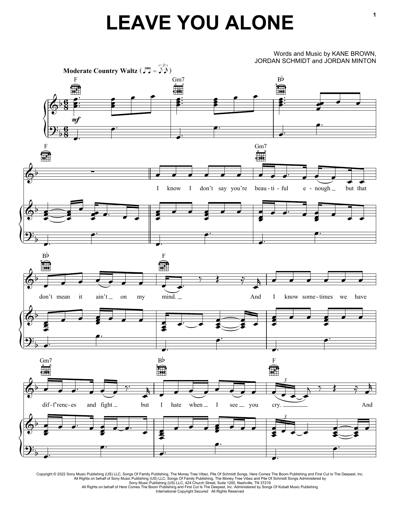 Kane Brown Leave You Alone sheet music notes and chords. Download Printable PDF.