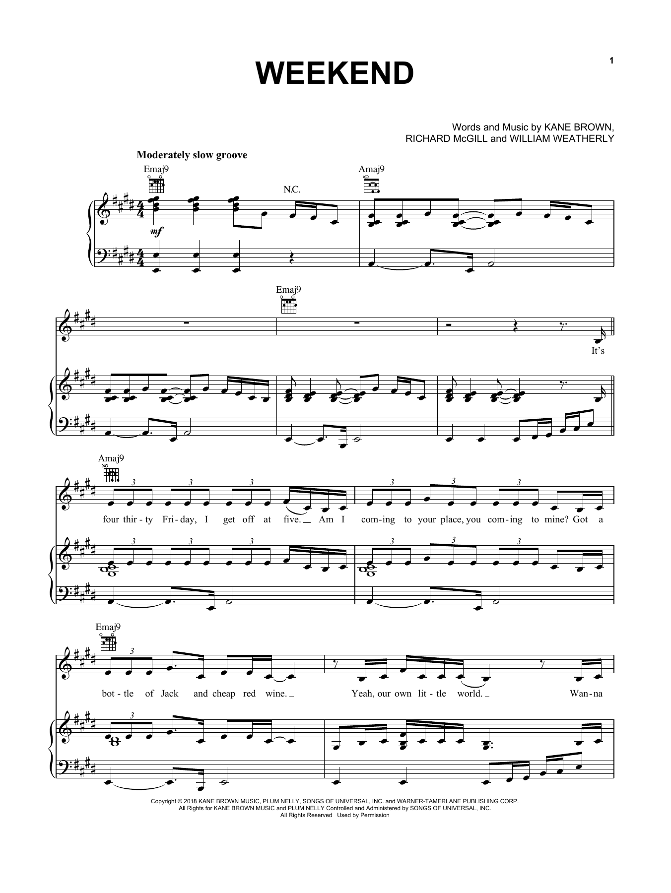 Kane Brown Weekend sheet music notes and chords. Download Printable PDF.