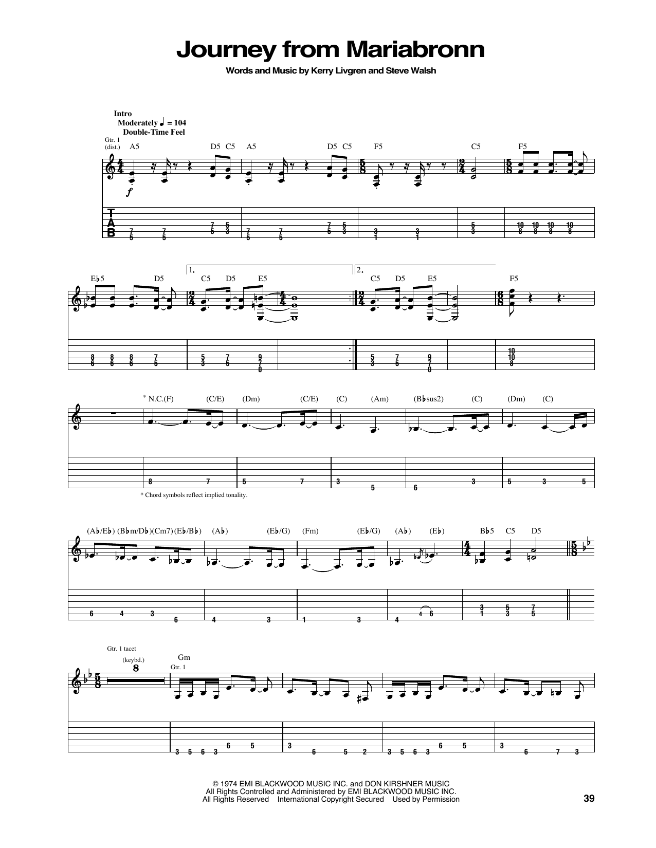 Kansas Journey From Mariabronn sheet music notes and chords. Download Printable PDF.