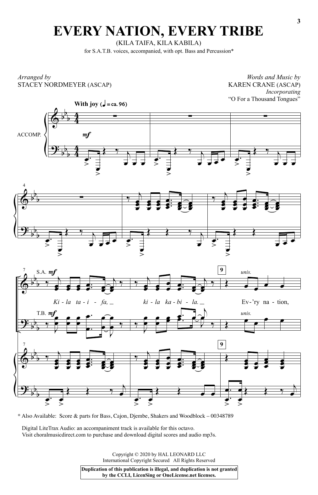 Learn to play Karen Crane Every Nation, Every Tribe (Ki La Taifa, Kila Kabila) (arr. Stacey Nordmeyer) sheet music for SATB Choir in minutes. Price: 3.9900$ Karen Crane Every Nation, Every Tribe (Ki La Taifa, Kila Kabila) (arr. Stacey Nordmeyer) sheet music notes and chords arranged for SATB Choir