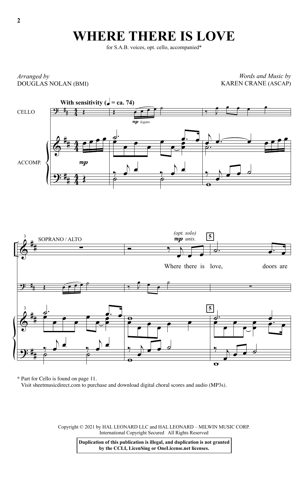 Learn to play Karen Crane Where There Is Love (arr. Douglas Nolan) sheet music for SAB Choir in minutes. Price: 3.9900$ Karen Crane Where There Is Love (arr. Douglas Nolan) sheet music notes and chords arranged for SAB Choir