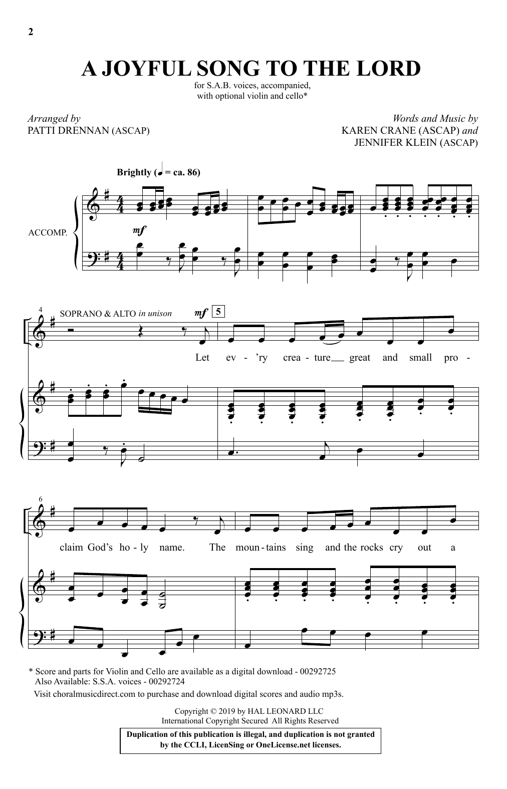 Learn to play Karen Crane & Jennifer Klein A Joyful Song To The Lord (arr. Patti Drennan) sheet music for SAB Choir in minutes. Price: 3.9900$ Karen Crane & Jennifer Klein A Joyful Song To The Lord (arr. Patti Drennan) sheet music notes and chords arranged for SAB Choir