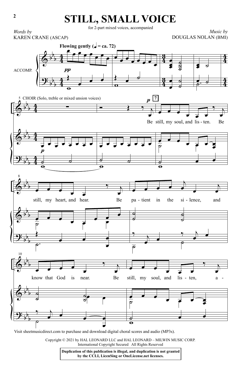 Learn to play Karen Crane and Douglas Nolan Still, Small Voice sheet music for 2-Part Choir in minutes. Price: 3.9900$ Karen Crane and Douglas Nolan Still, Small Voice sheet music notes and chords arranged for 2-Part Choir