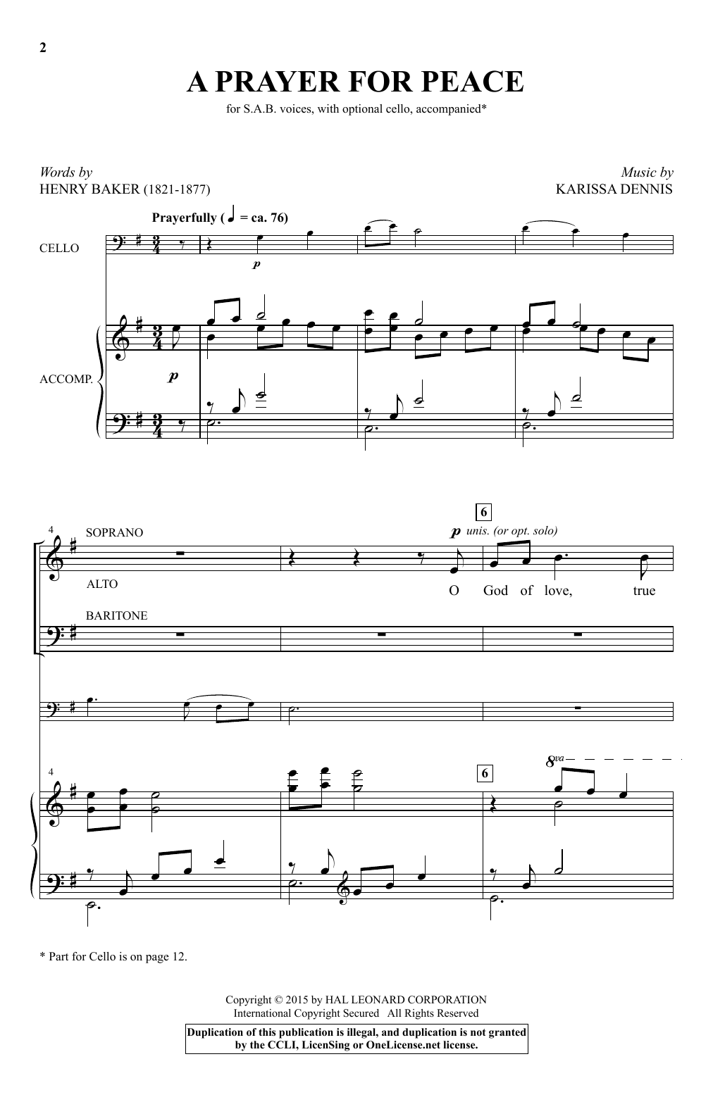 Learn to play Karissa Dennis A Prayer For Peace sheet music for SAB Choir in minutes. Price: 3.9900$ Karissa Dennis A Prayer For Peace sheet music notes and chords arranged for SAB Choir