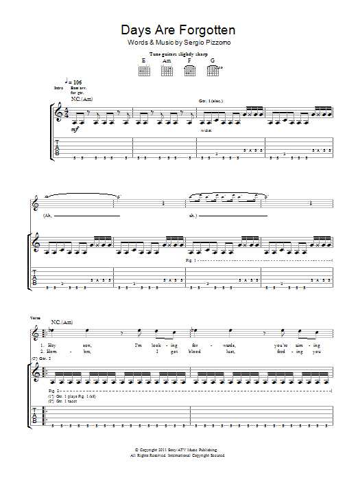 Kasabian Days Are Forgotten sheet music notes and chords. Download Printable PDF.