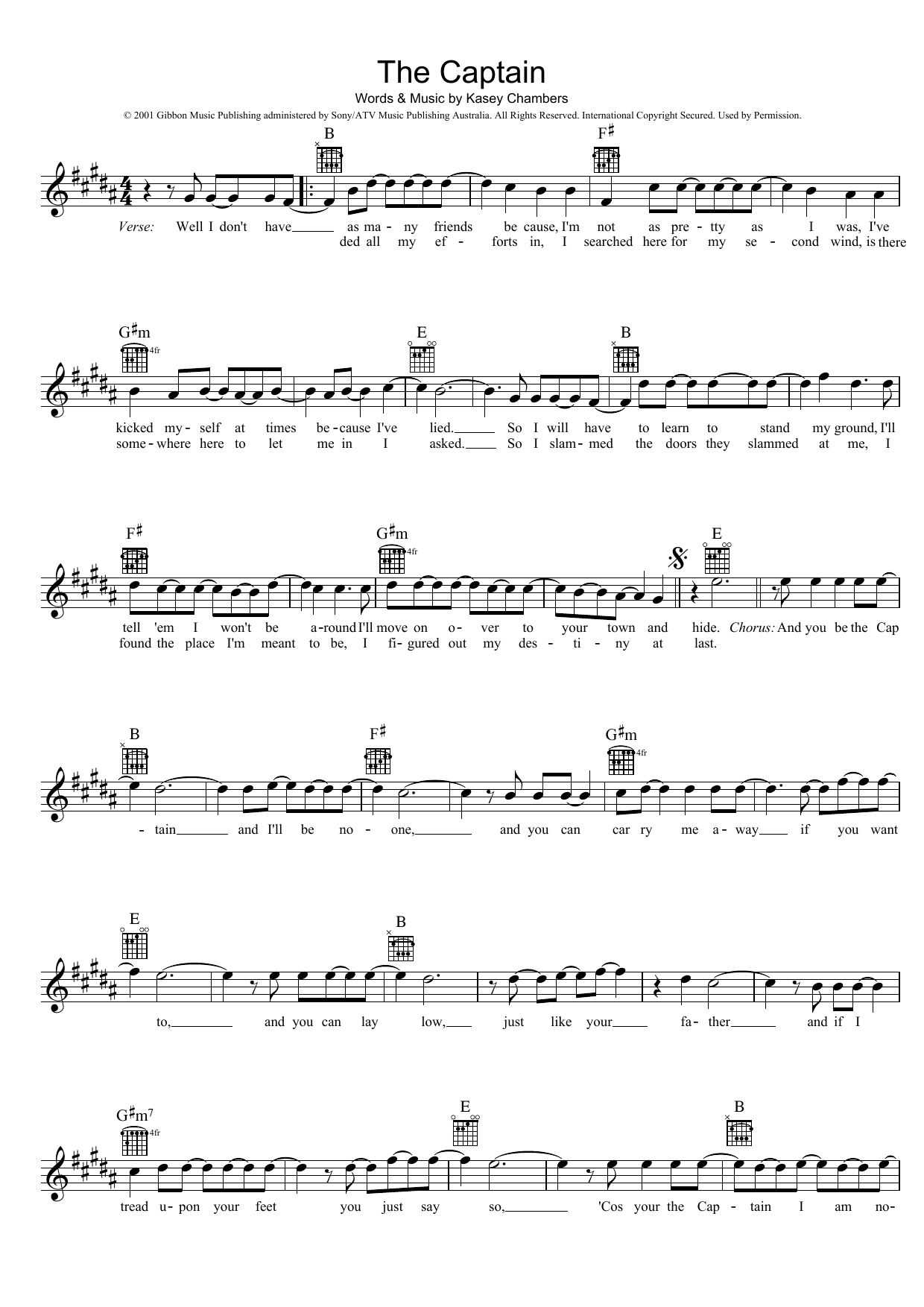 Kasey Chambers The Captain sheet music notes and chords. Download Printable PDF.