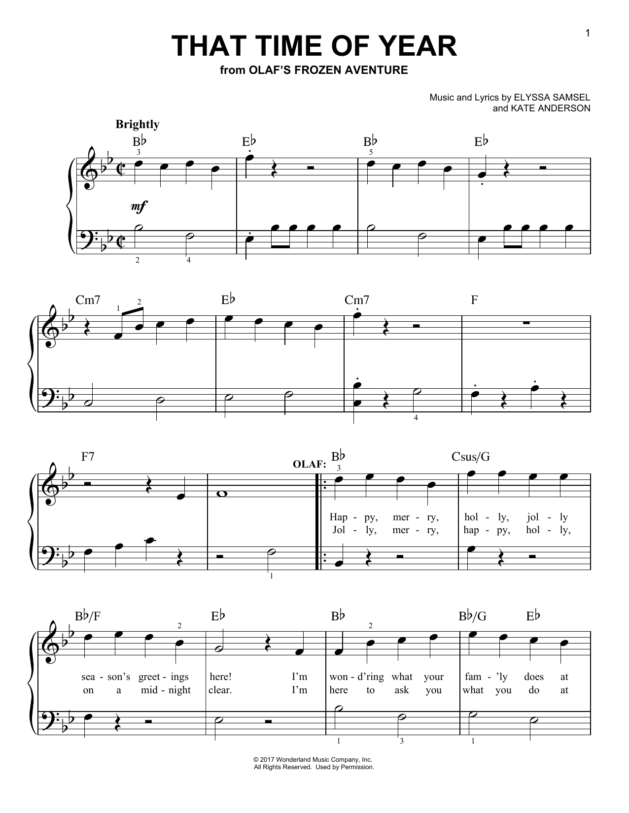 kate anderson that time of year from olaf s frozen adventure sheet music pdf notes chords children score easy piano download printable sku 196313